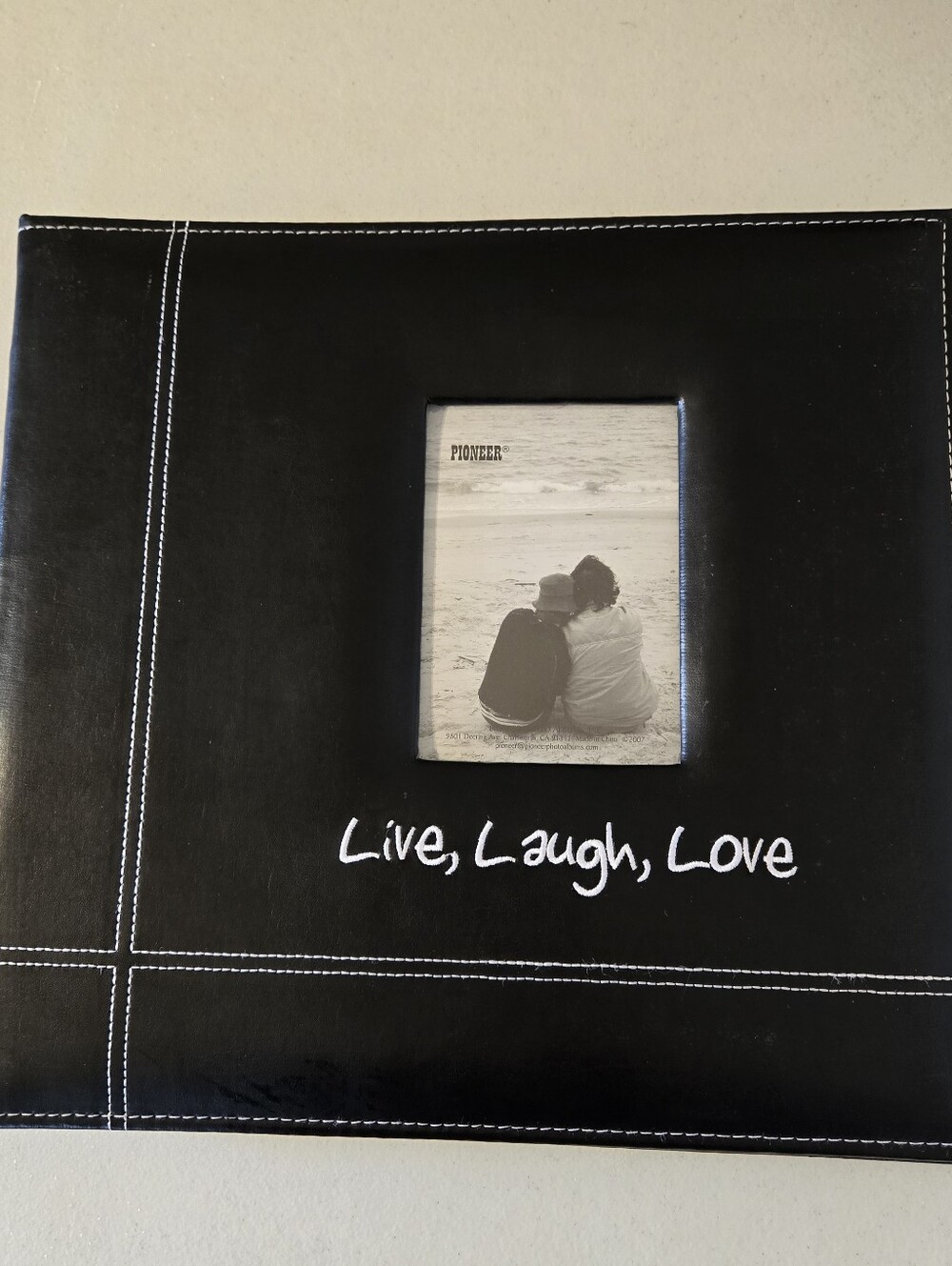 PIONEER Black Photo Album with White Stitching and 'Live, Laugh, Love' Text